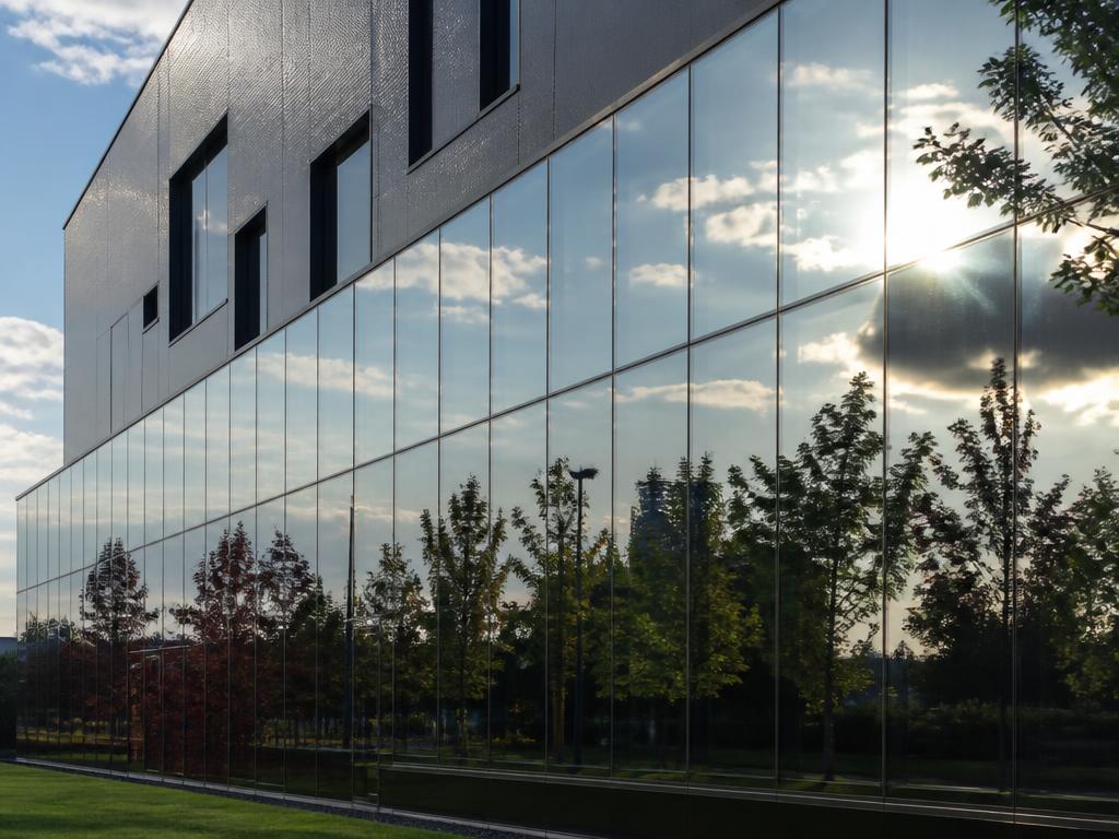 Façade de bureaux équipée d'un film solaire miroir posé par JMJ Com dans la région lyonnaise